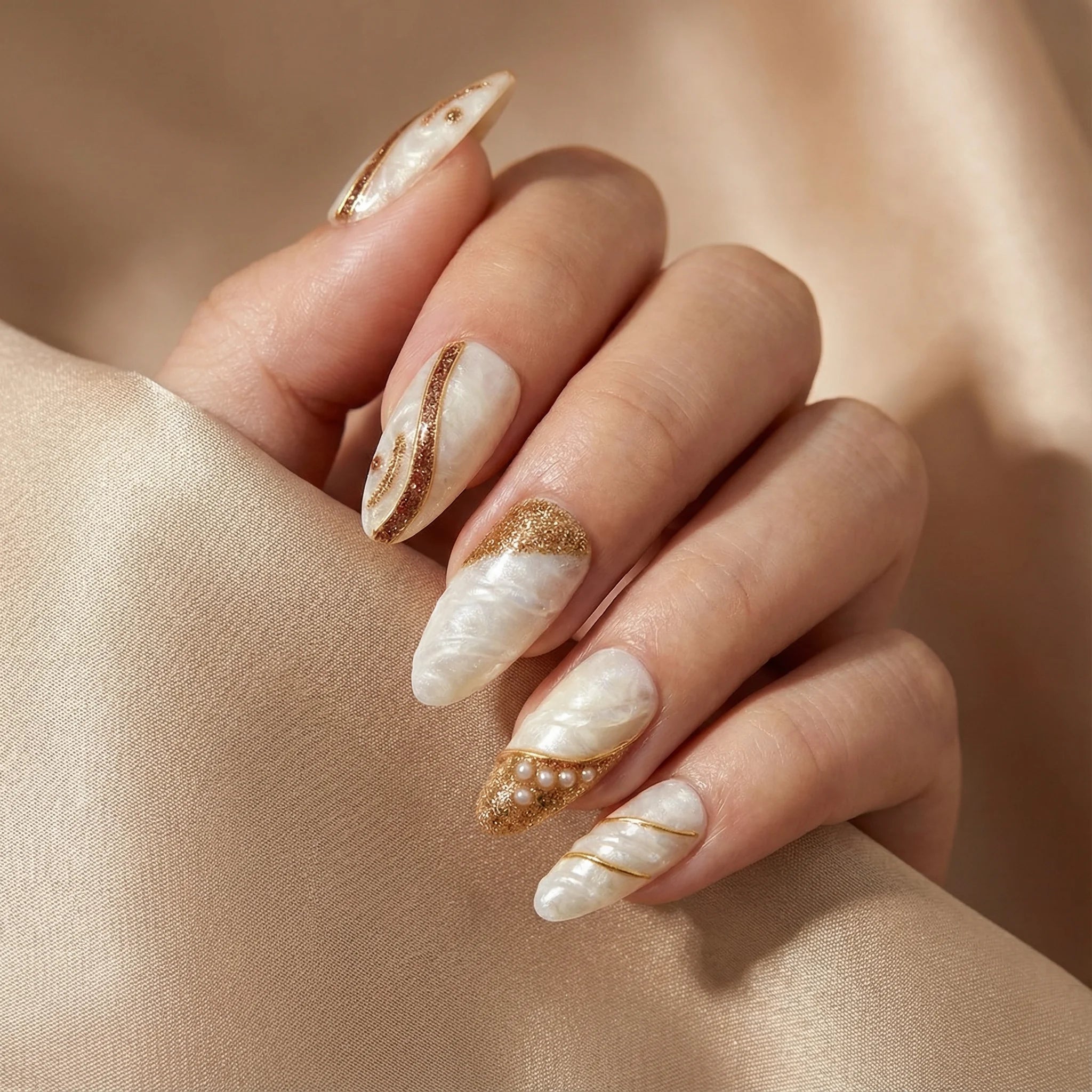 Nahaufnahme - Detaillierte Ansicht des Nageldesigns. LATTE SPARKLE - Press On Nägel. Enthält: Press On Nägel, künstliche F...