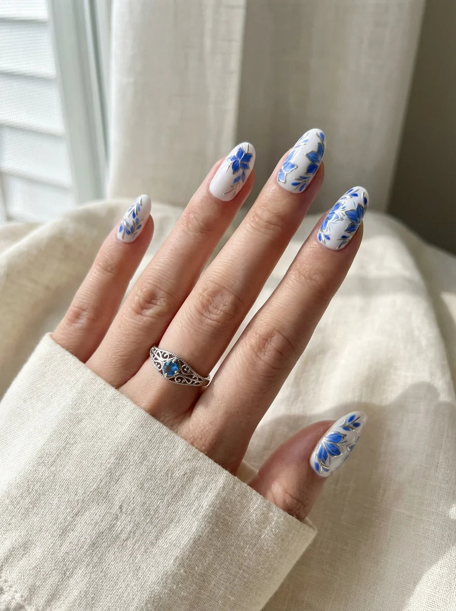 PORCELAIN BLOOM Nahaufnahme - Detaillierte Ansicht des Nageldesign - Premium künstliche Fingernägel