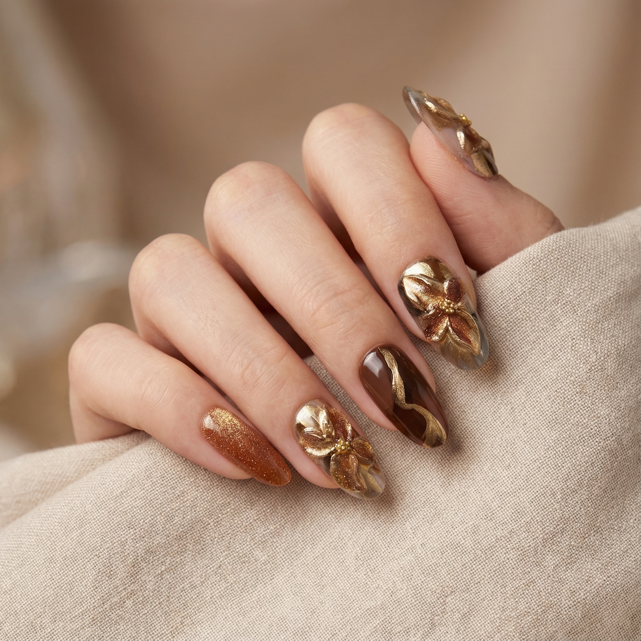 GOLDEN COCOA - handmade press on nails - in goldbraun - mit Kakao-Design - Press on Nägel - von Elaréa Nails - handgemacht - Detailansicht 2 - Versand aus Deutschland