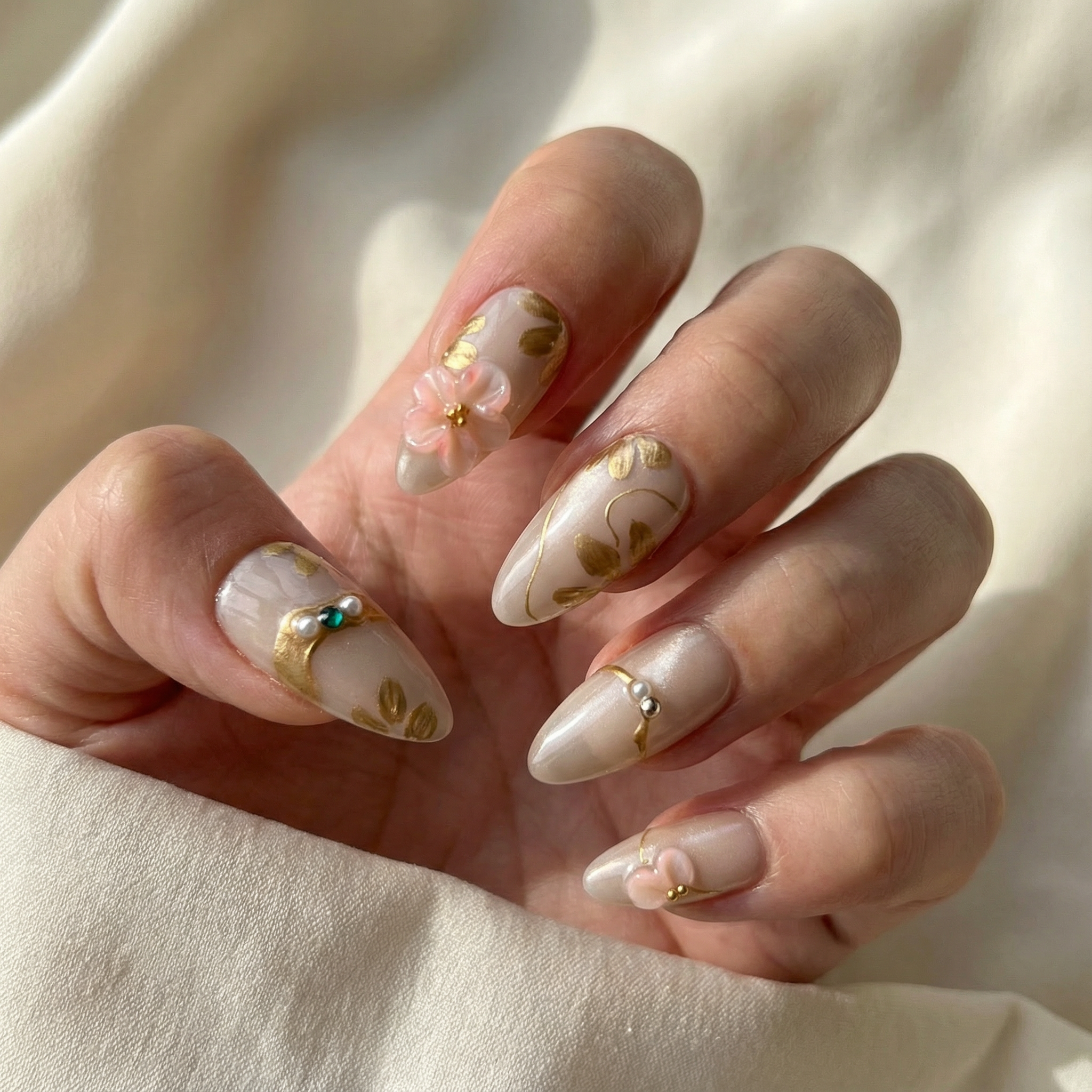 NUDE GARDEN - in nude-farben - mit Garten-Design - Press on Nägel - von Elaréa Nails - handgemacht - Detailansicht 2 - Versand aus Deutschland