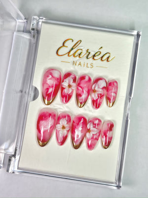 PINK BLOOM - handmade press on nails - in rosa - mit Blüten-Design - Press on Nägel - von Elaréa Nails - handgemacht - Hauptbild - Versand aus Deutschland