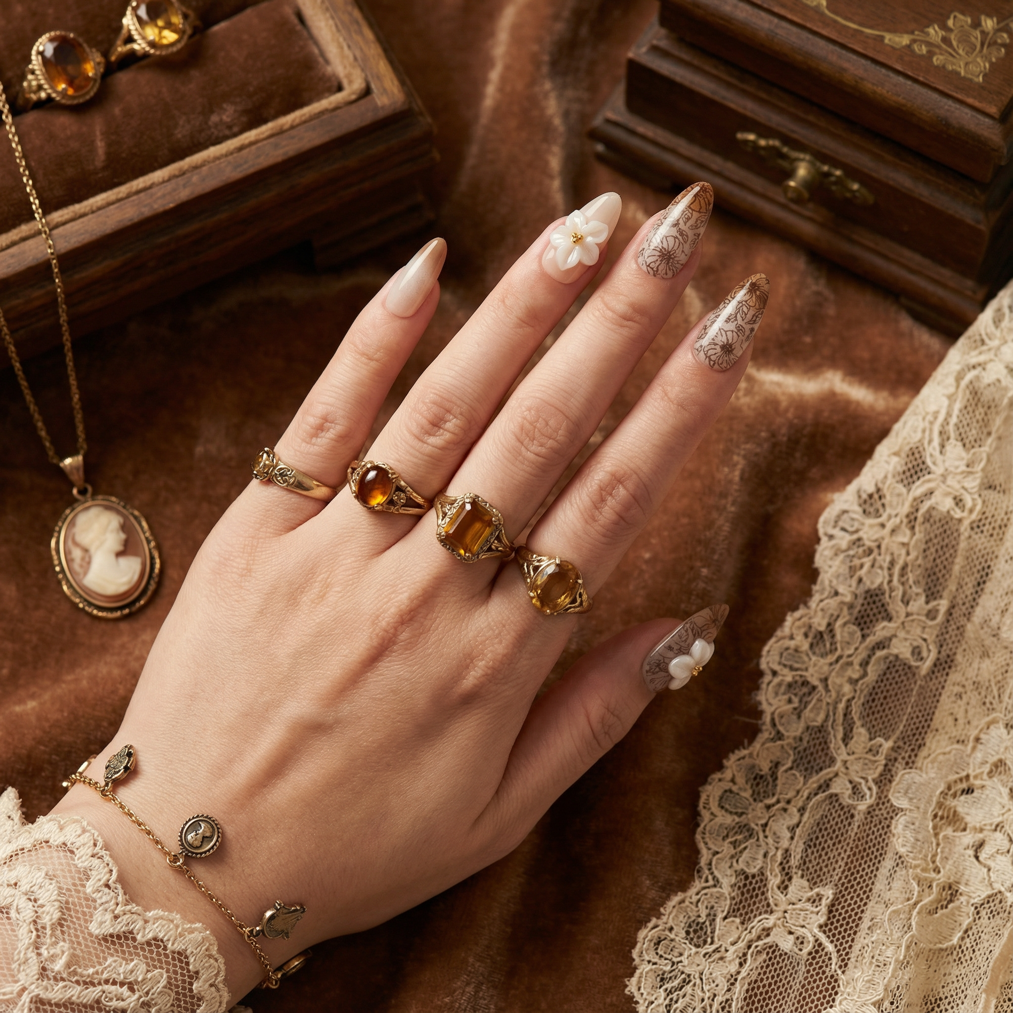 VINTAGE FLEUR - in vintage-farben - mit Blumen-Design - Press on Nägel - von Elaréa Nails - handgemacht - Detailansicht 2 - Versand aus Deutschland