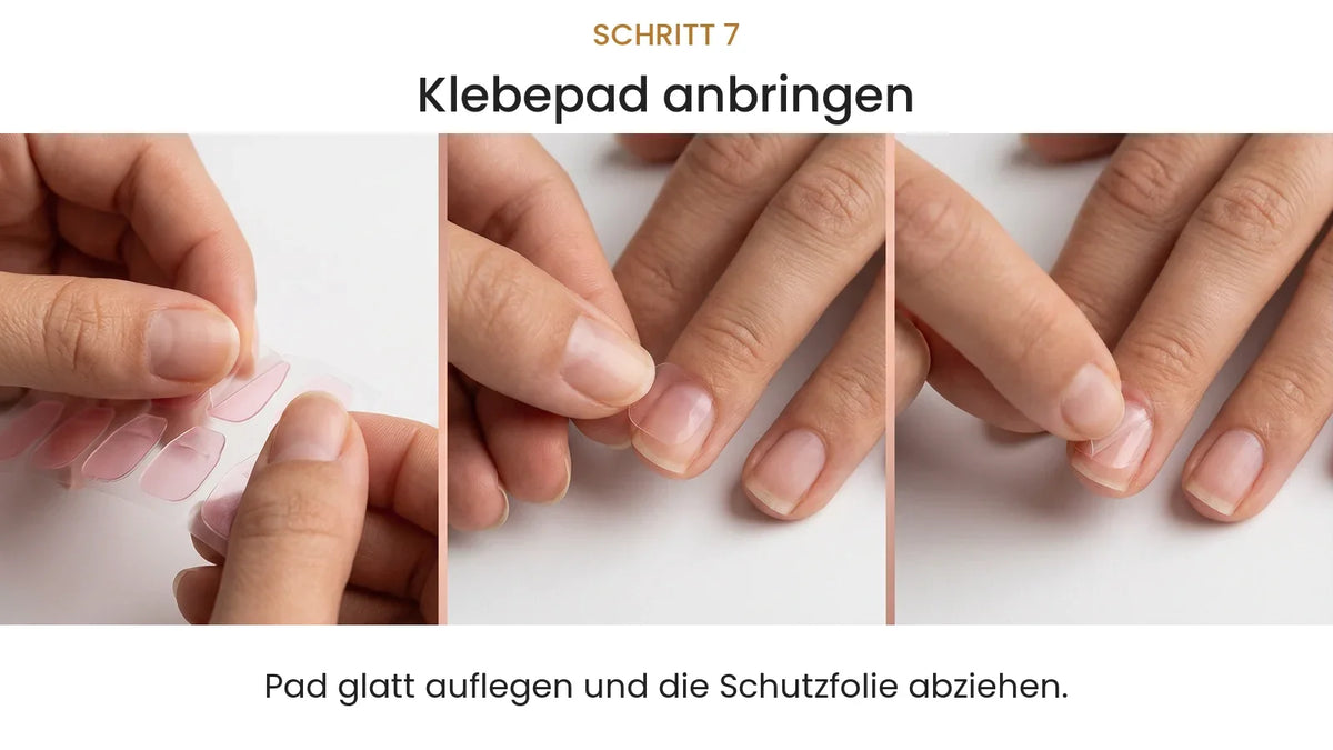 Klebepad auf dem Naturnagel anbringen und Schutzfolie abziehen