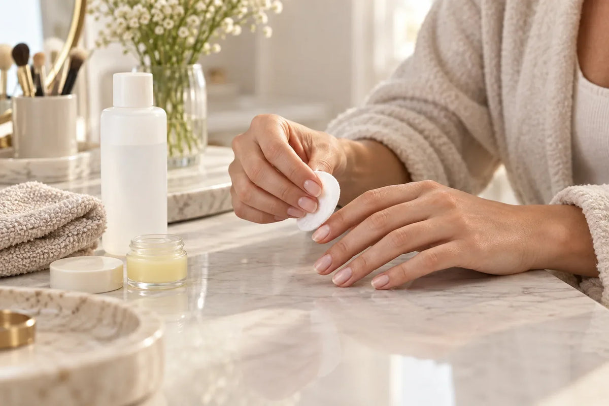 Symbolbild: Schonende Nagelpflege mit Watte und Pflegebalsam – KI-generierte Illustration