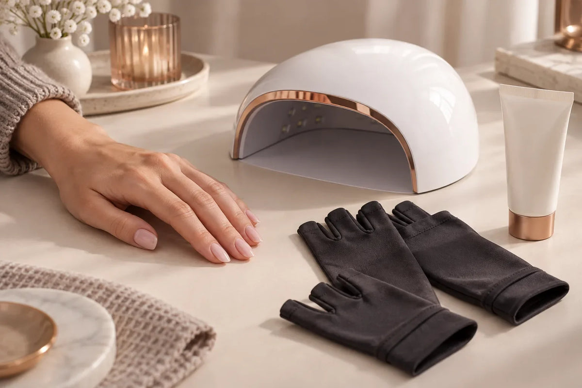 Symbolbild: Hand, UV-/LED-Nagellampe, Handschuhe und Sonnencreme – KI-generierte Illustration