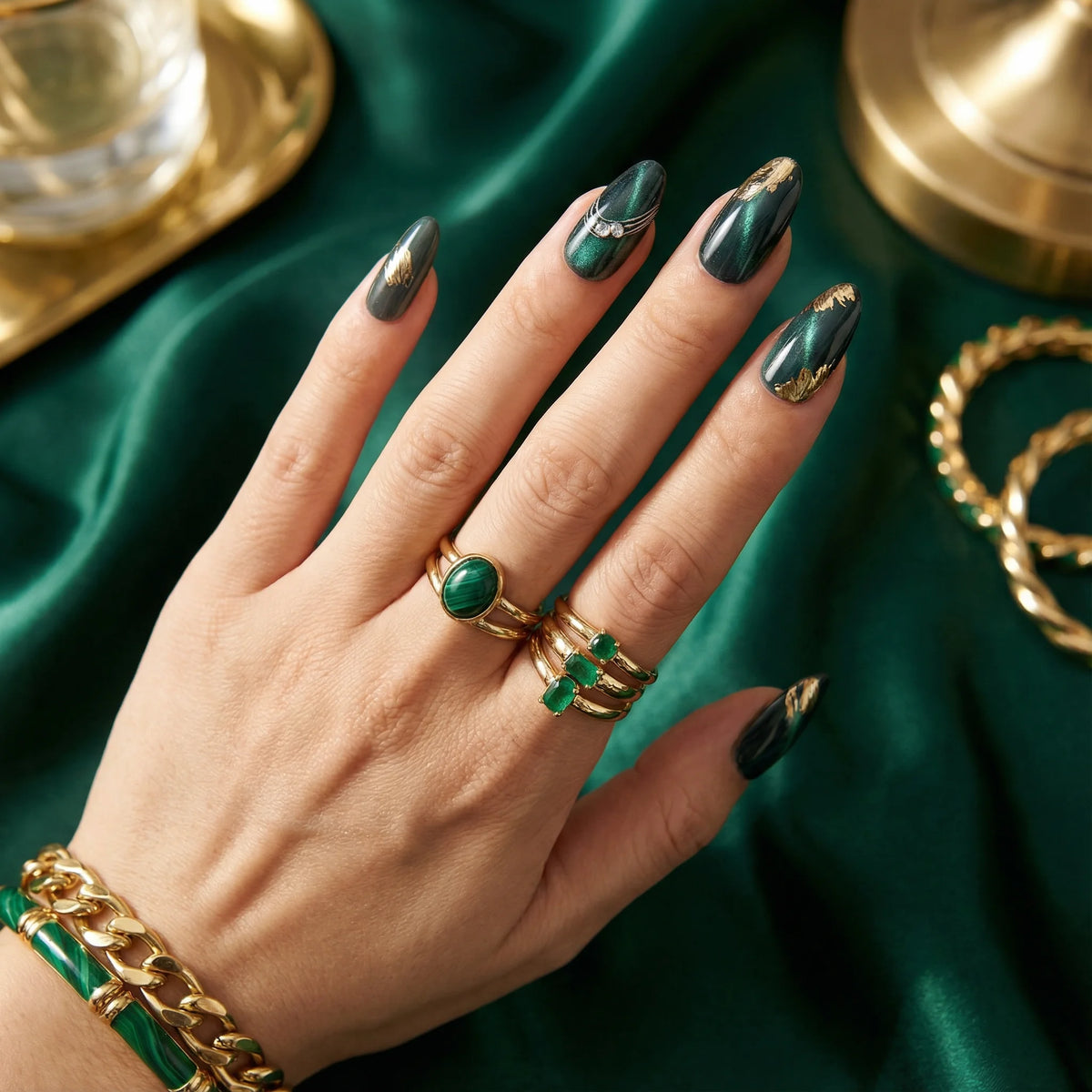 Größenvergleich - S, M, L Größen für perfekte Passform. MALACHITE GOLD - Press On Nägel. Enthält: Press On Nägel, künstlic...