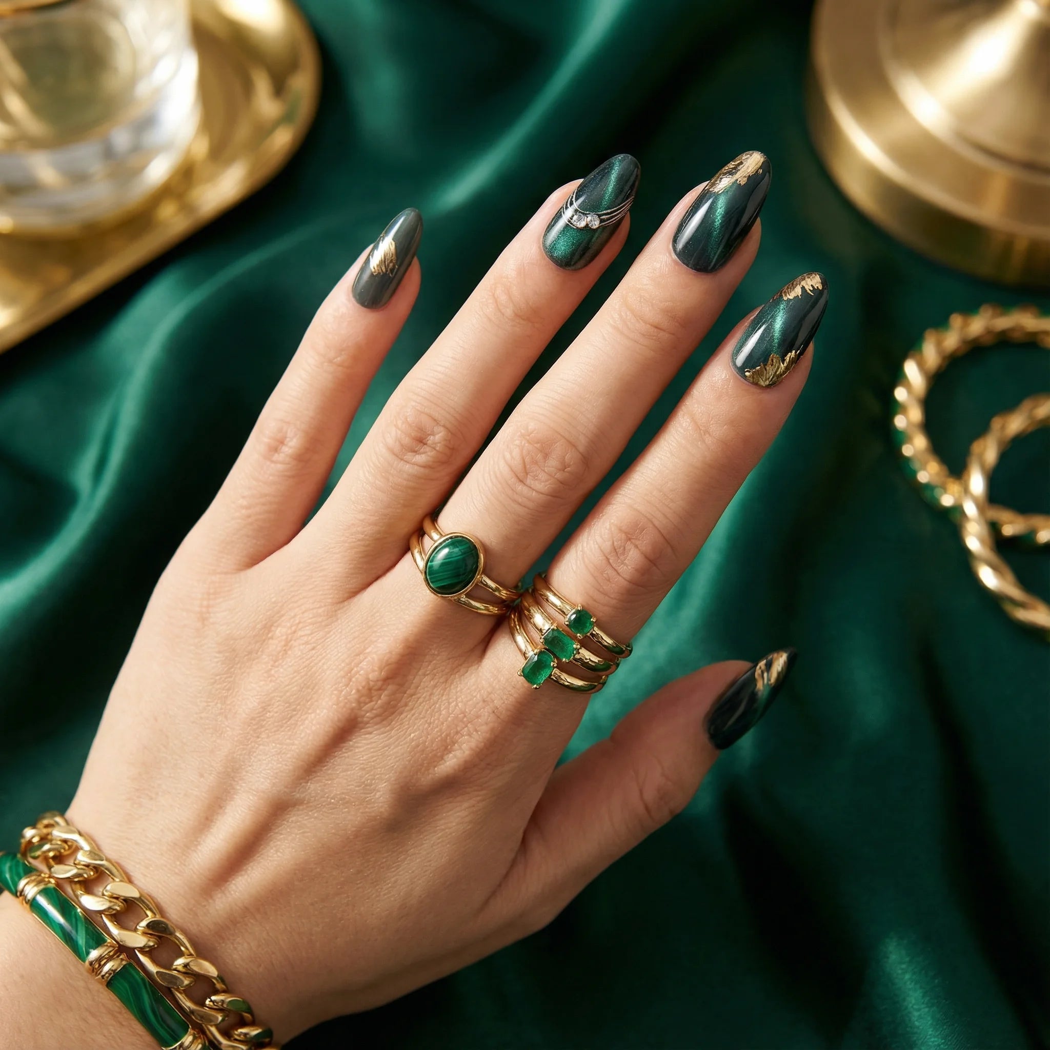 Größenvergleich - S, M, L Größen für perfekte Passform. MALACHITE GOLD - Press On Nägel. Enthält: Press On Nägel, künstlic...
