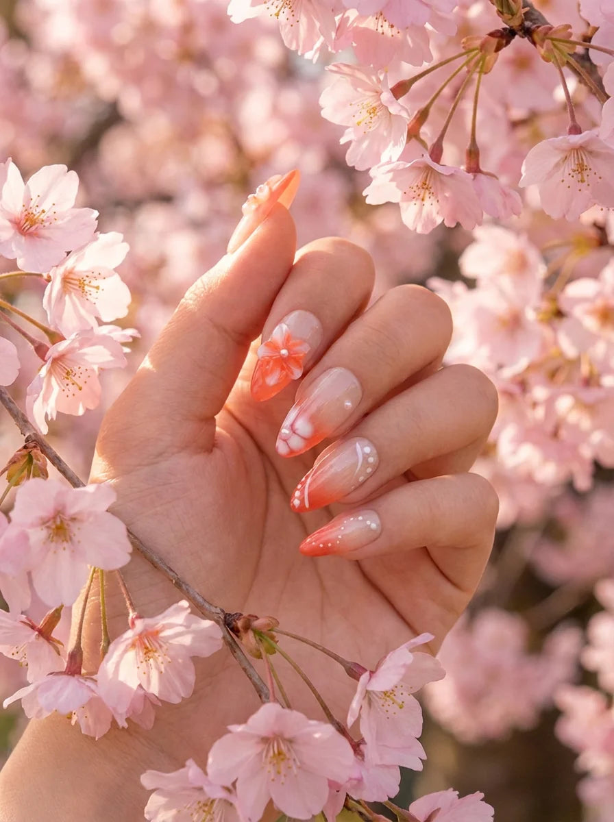 PEACH FLOWER Press On Nägel Seitenansicht - Handgemalte Blüten