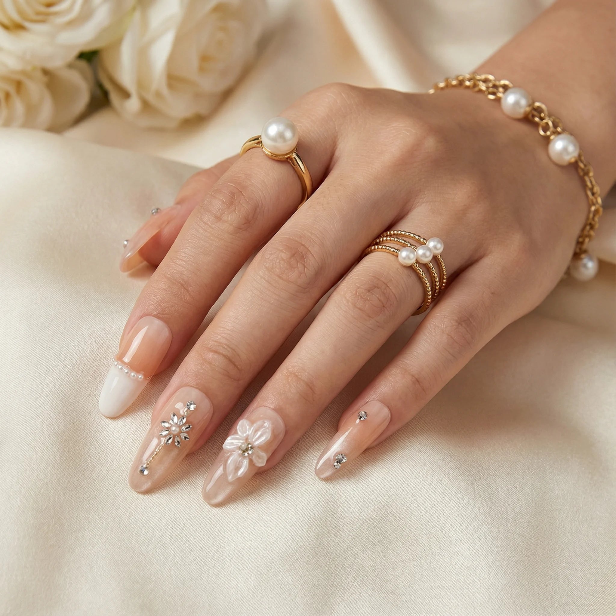 PETAL GLOW Komplettset - 10 künstliche Fingernägel in 3 Größen (S, M, L) - einfache Anwendung und langanhaltender Halt