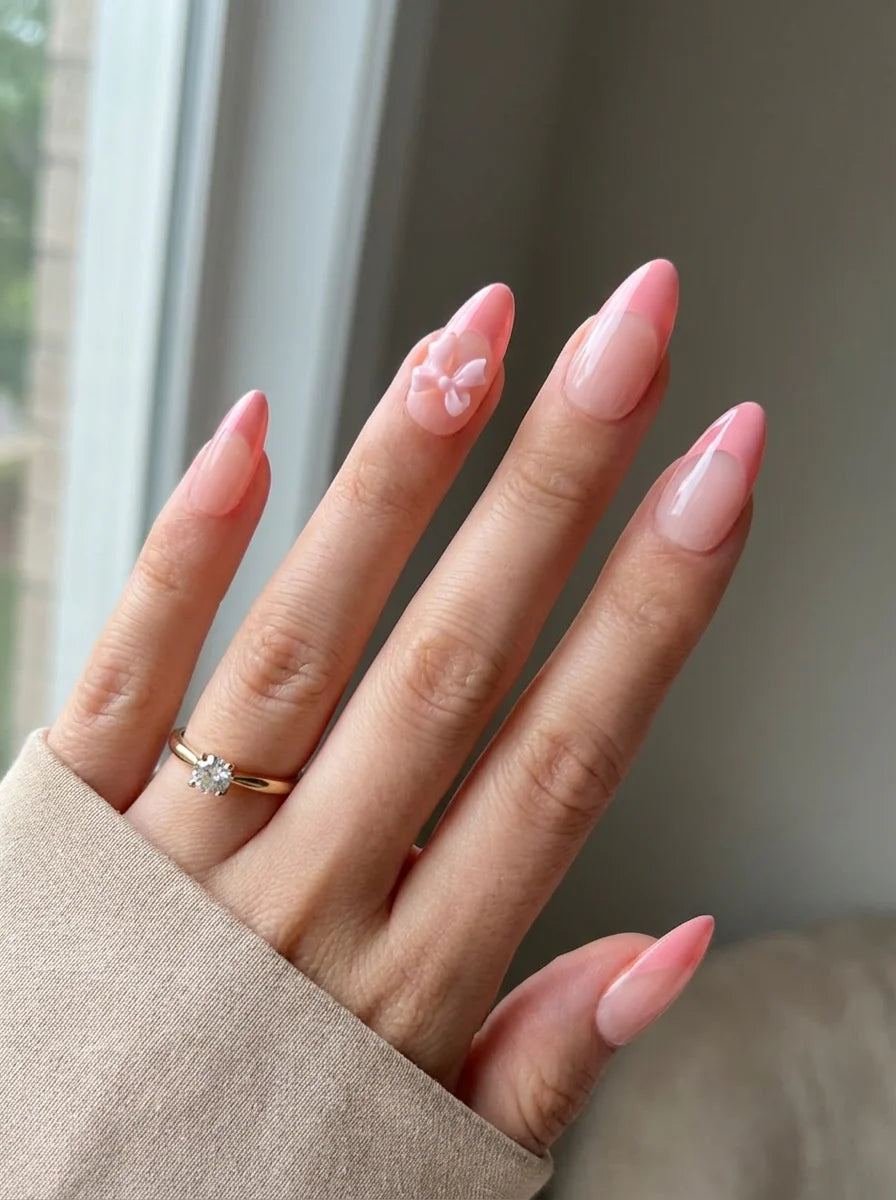 PINK BOW Nahaufnahme - Detaillierte Ansicht des Nageldesign - Premium künstliche Fingernägel