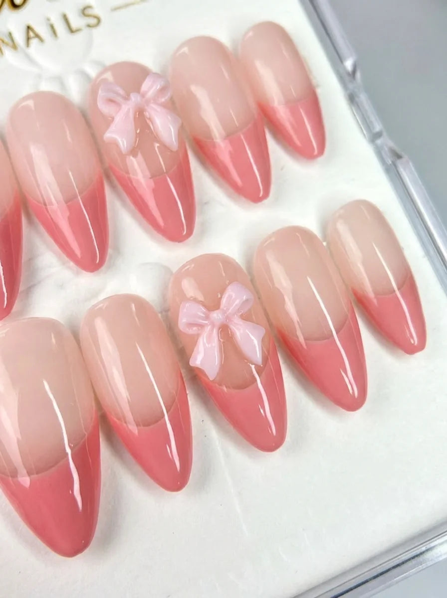 PINK BOW Komplettset - 10 künstliche Fingernägel in 3 Größen (S, M, L) - einfache Anwendung und langanhaltender Halt