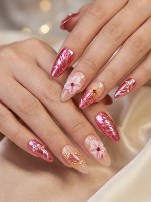 ROSY PETAL Nahaufnahme - Detaillierte Ansicht des Nageldesign - Premium künstliche Fingernägel