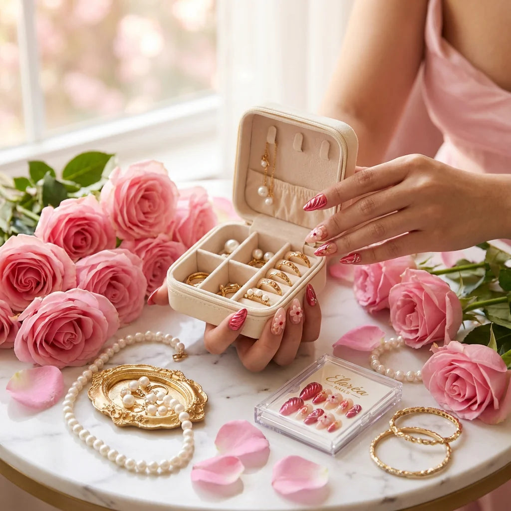 ROSY PETAL Komplettset - 10 künstliche Fingernägel in 3 Größen (S, M, L) - einfache Anwendung und langanhaltender Halt
