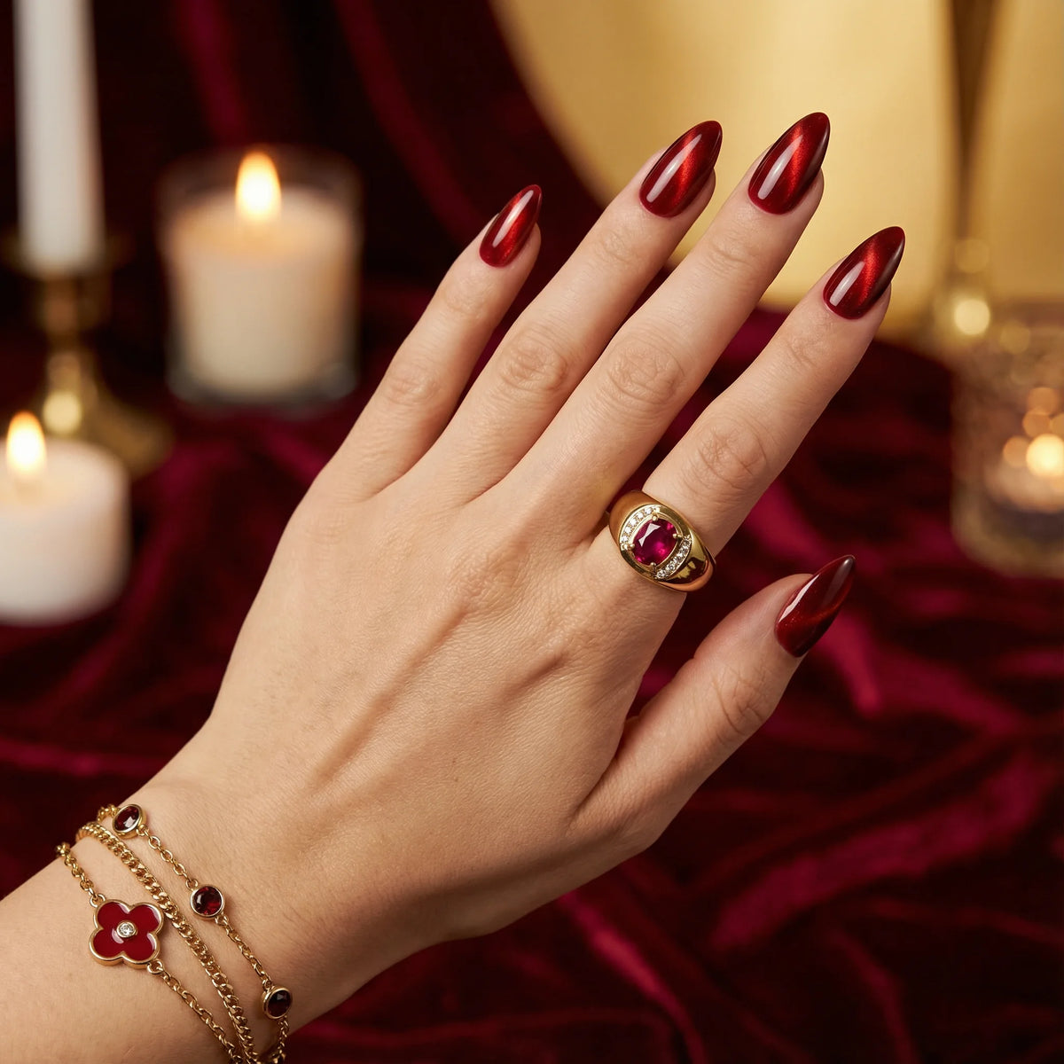 RUBY FLAME - in rubinrot - mit Flammen-Design - Press on Nägel - von Elaréa Nails - handgemacht - Detailansicht 4 - Versand aus Deutschland