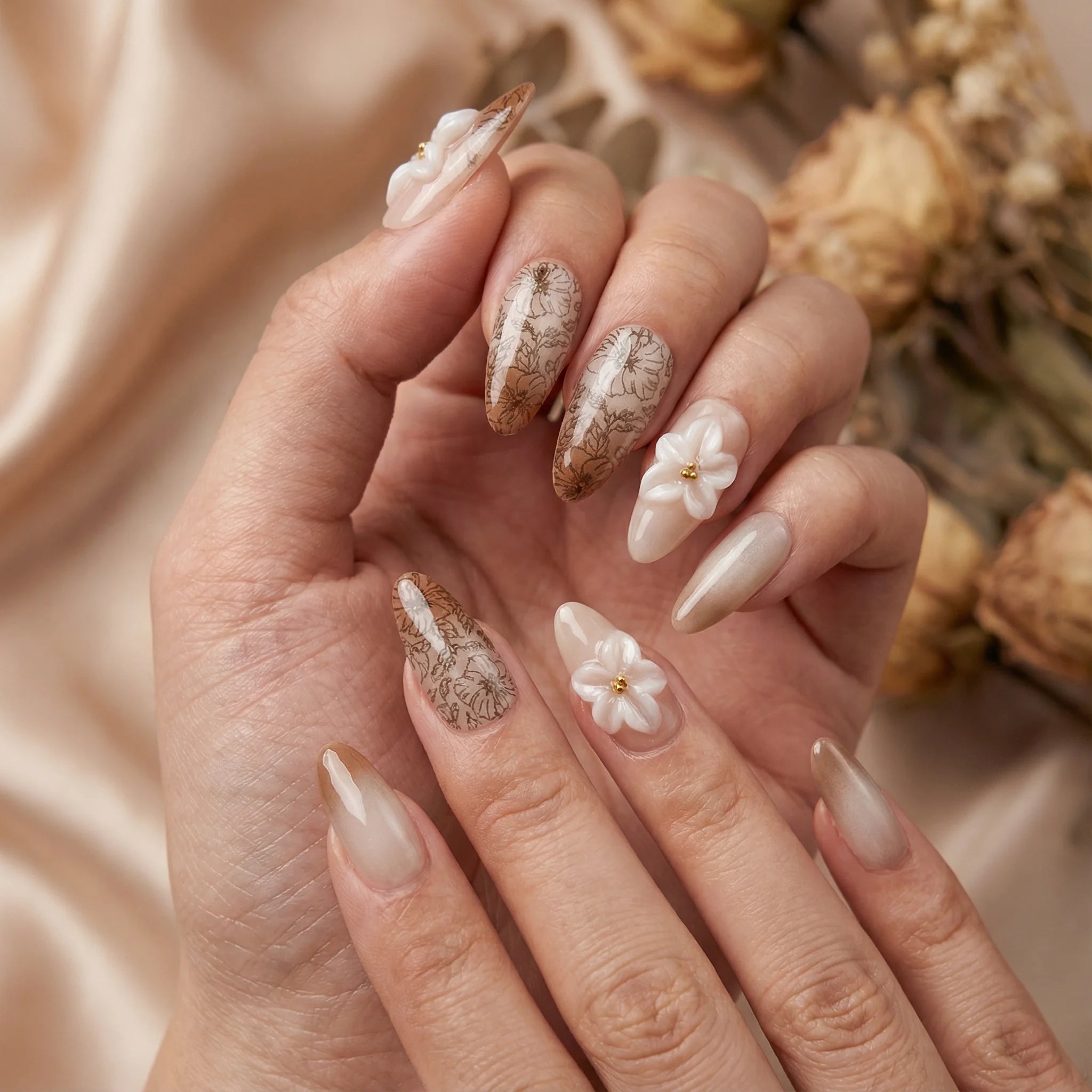 VINTAGE FLEUR - in vintage-farben - mit Blumen-Design - Press on Nägel - von Elaréa Nails - handgemacht - Detailansicht 4 - Versand aus Deutschland