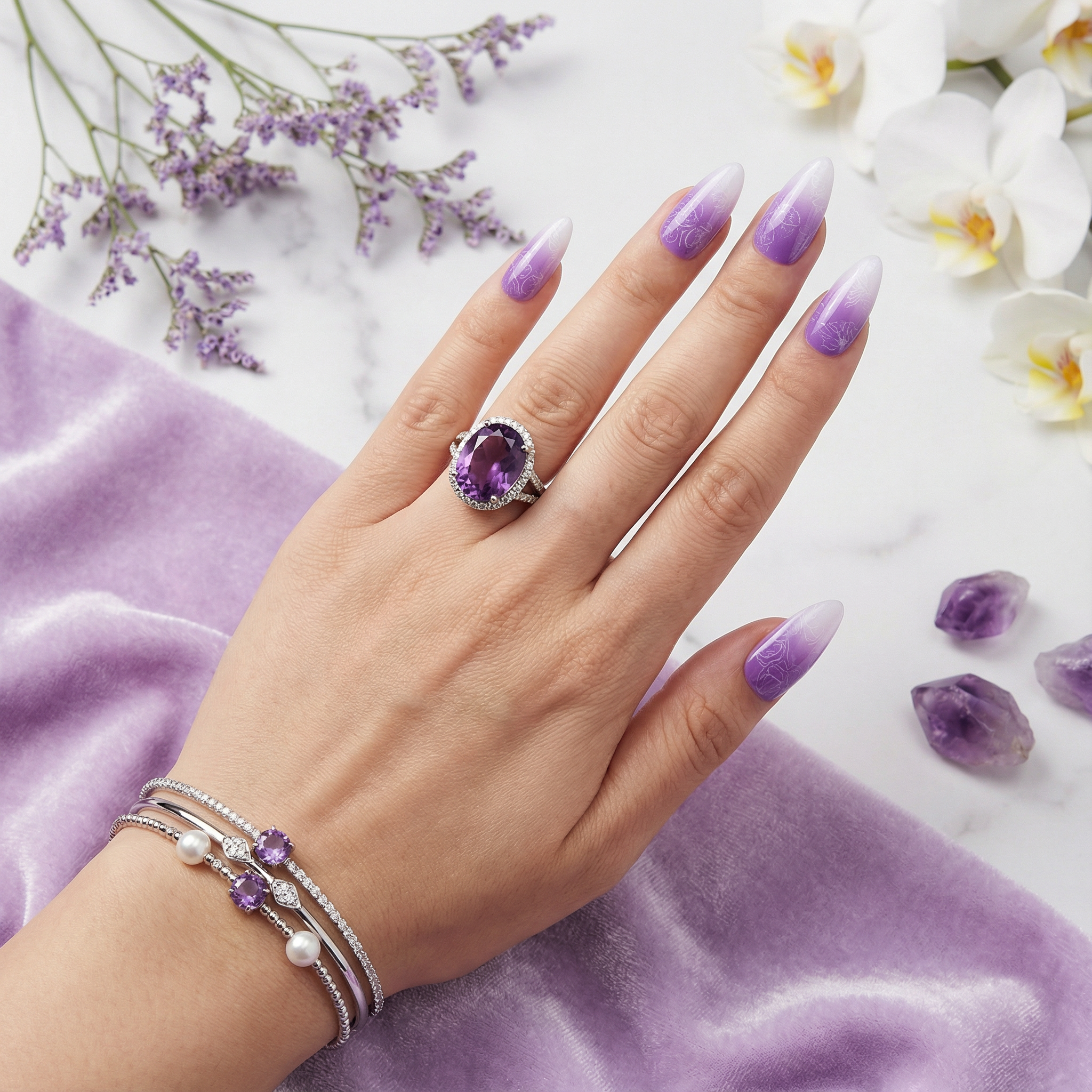 AMETHYST VEIL - handmade press on nails - by Elaréa Nails - premium quality - made in Germany - application example