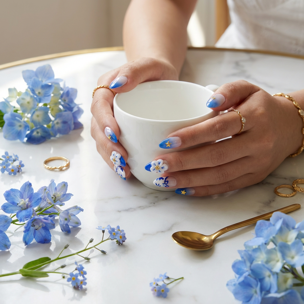 BLUE AURORA - handmade press on nails - in blau - mit Aurora-Effekt - Press on Nägel - von Elaréa Nails - handgemacht - Detailansicht 4 - Versand aus Deutschland