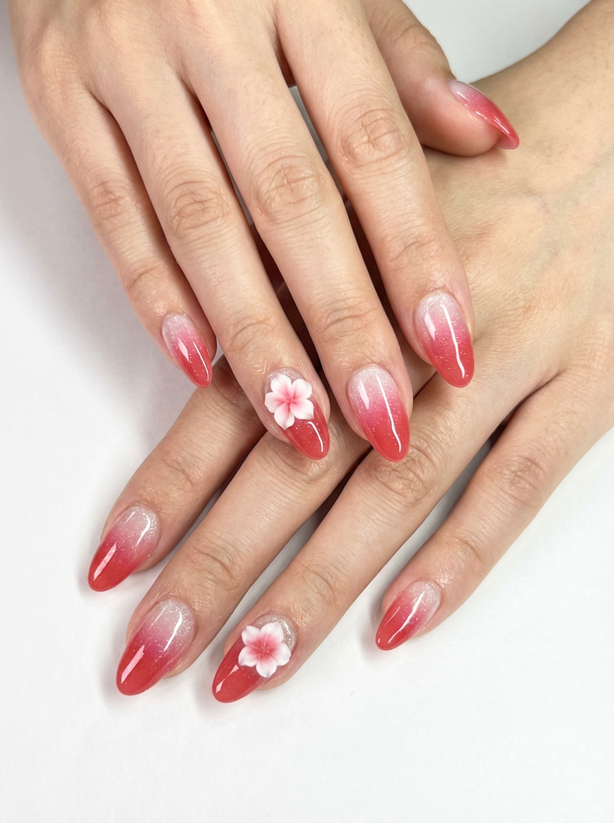 CHERRY BLOOM - handmade press on nails - in kirschrot - mit Kirschblüten-Design - Press on Nägel - von Elaréa Nails - handgemacht - Detailansicht 2 - Versand aus Deutschland