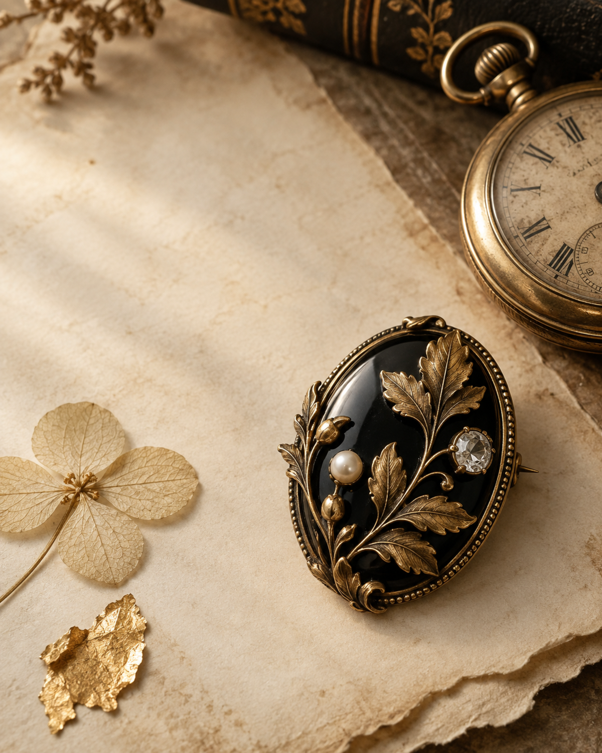 Antike Brosche mit schwarzer Emaille und botanischen Golddetails