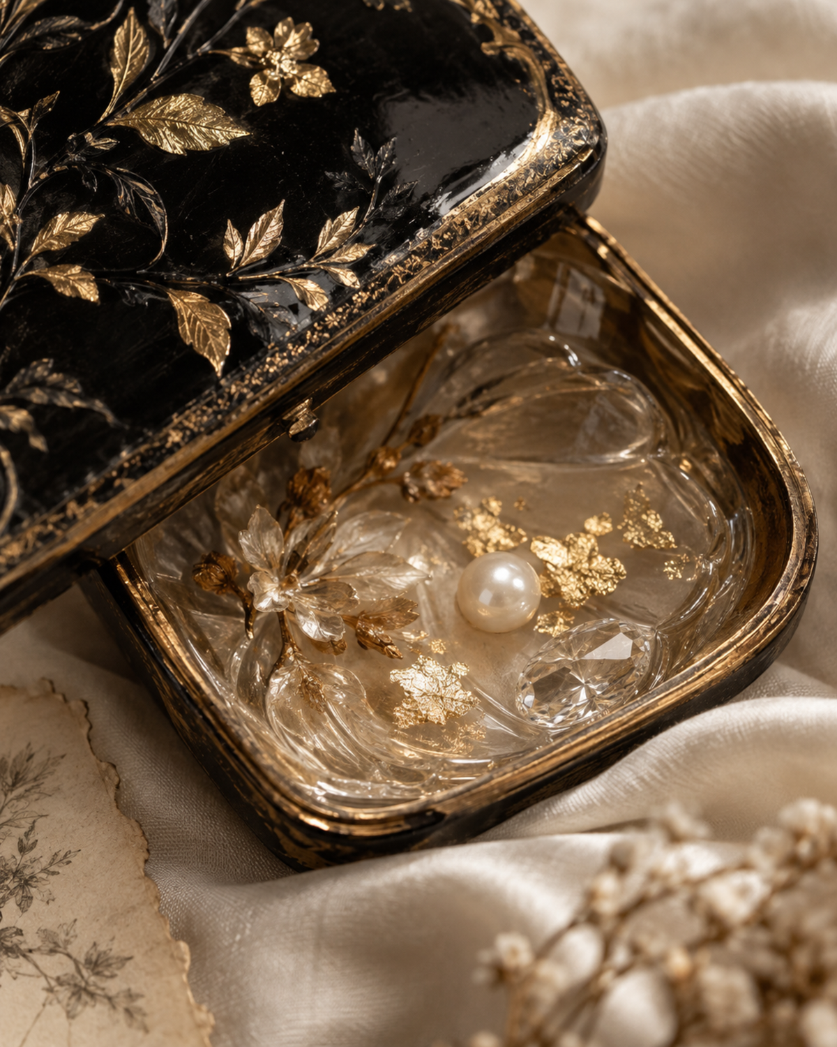 Schwarzes Lackkästchen mit Perlen und goldenen Schmuckdetails