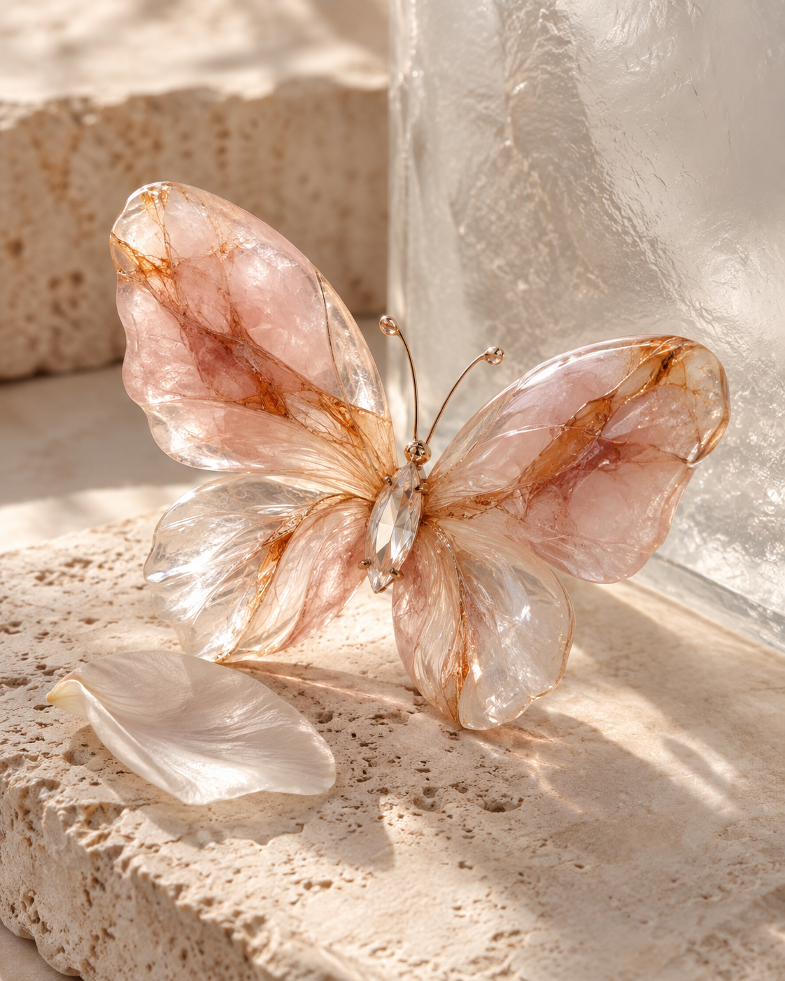 Transparenter Schmetterling aus rosafarbenem Kristallglas auf hellem Naturstein