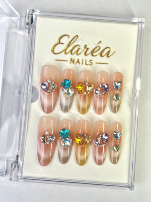 GEM PARTY - handmade press on nails - in edelsteinfarben - mit Party-Design - Press on Nägel - von Elaréa Nails - handgemacht - Hauptbild - Versand aus Deutschland