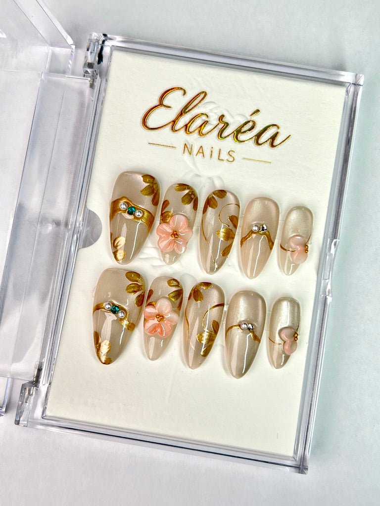 NUDE GARDEN - handmade press on nails - in nude-farben - mit Garten-Design - Press on Nägel - von Elaréa Nails - handgemacht - Hauptbild - Versand aus Deutschland